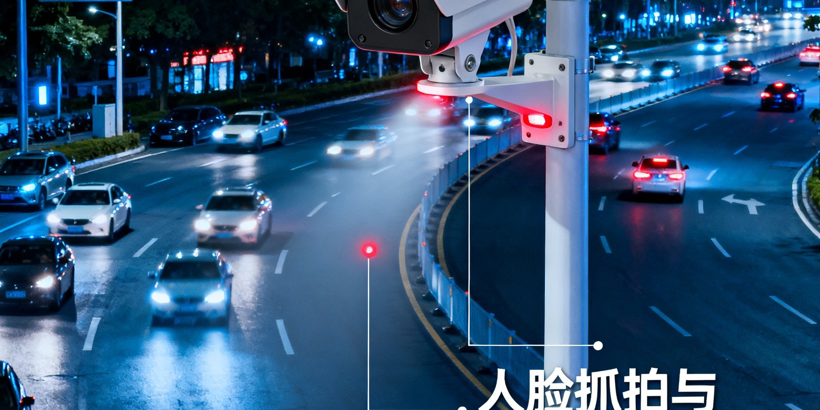 城市主干道路灯杆上安装的PA国际厅AI监控摄像头在夜间工作中，镜头下方车流如织，摄像头旁的红外补光灯发出微弱红光，画面标注人脸抓拍与车牌识别双重功能