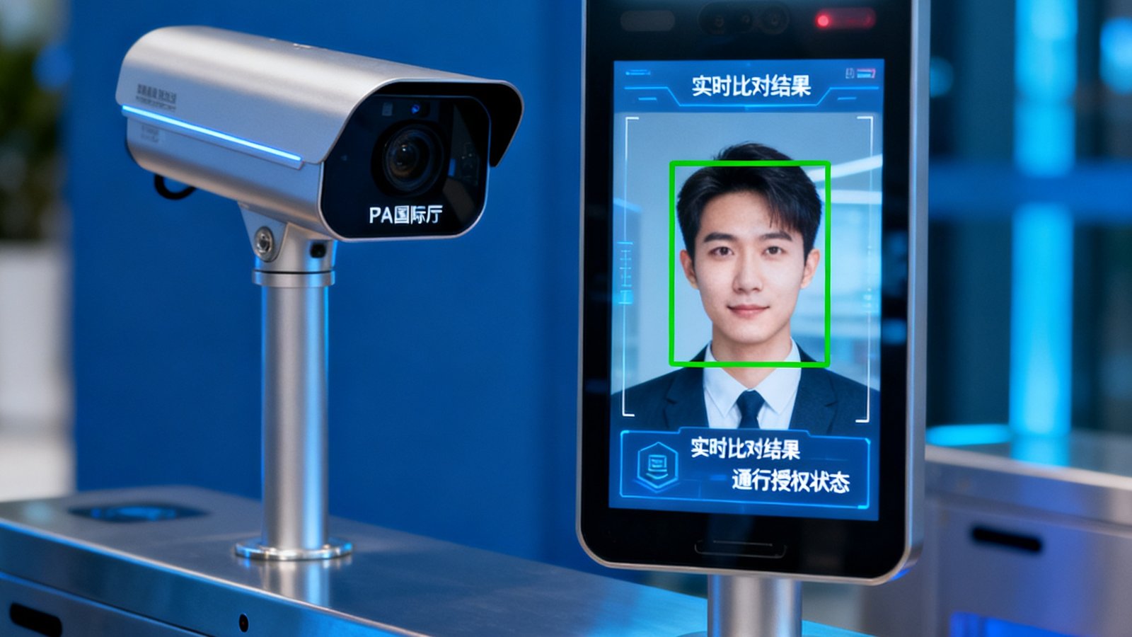 智慧园区主入口处，PA国际厅AI人脸识别摄像头正在进行无感通行检测，画面中一名访客的脸部被绿色方框精准锁定，右侧屏幕显示实时比对结果与通行授权状态