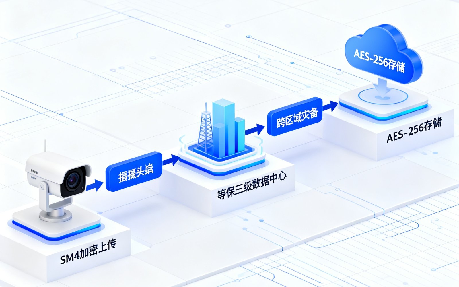 PA国际厅视频云存储技术架构示意图，展示视频数据从摄像头端SM4加密上传到云端AES-256存储的完整链路，中间标注等保三级数据中心与跨区域灾备节点